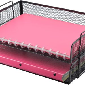 EASEPRES 2 Pack Stackable Desk Paper Tray, Metal Mesh Desktop Document Letter File Organizer for Office Home School, 13.5'' L x 9.75'' W x 5.5'' H, Black