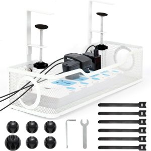 Under Desk Cable Management Tray - Aoriyar Cable Tray Organizer No Drill, White Desk Cord Management with Cable Ties Clips, Wire Management Box for Office